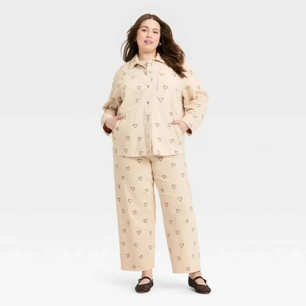 Women's Heart Embroidered Chore Denim Jacket - Universal Thread Cream XXL